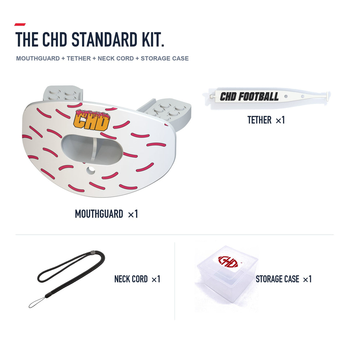 CHD Donut - White Design Football Mouthguard — standard kit with matching tether