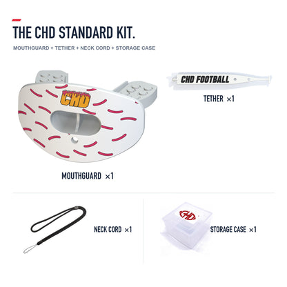 CHD Donut - White Design Football Mouthguard — standard kit with matching tether