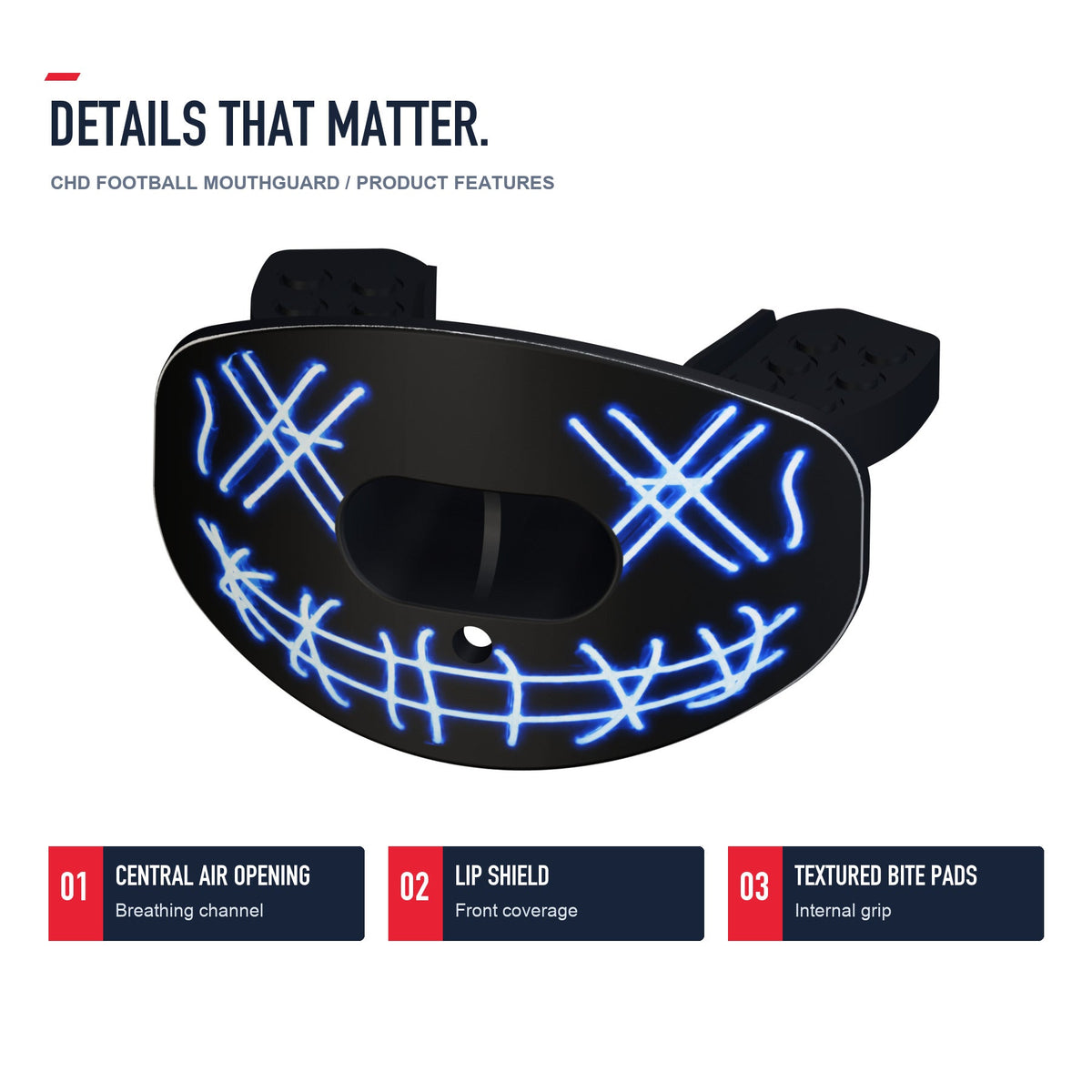 CHD Funny Face - Blue Design Football Mouthguard — angled structure details