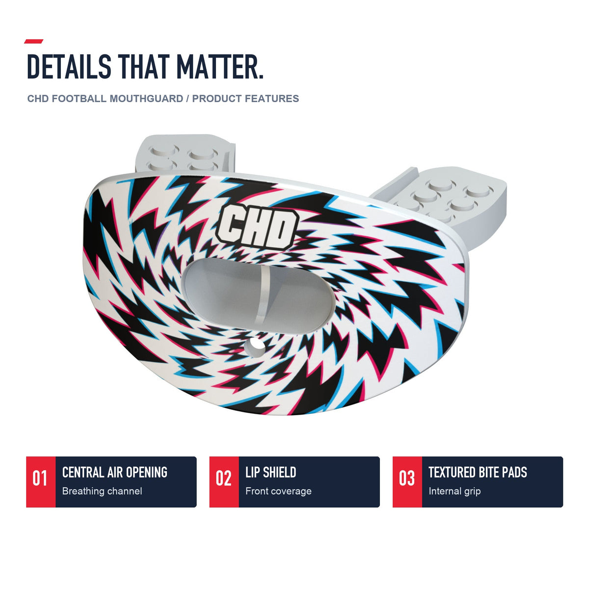 CHD Houndstooth - White Design Football Mouthguard — angled structure details