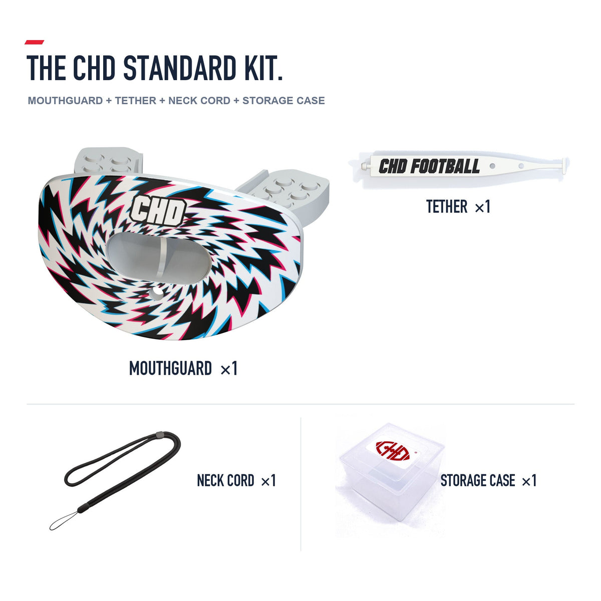 CHD Houndstooth - White Design Football Mouthguard — standard kit with matching tether