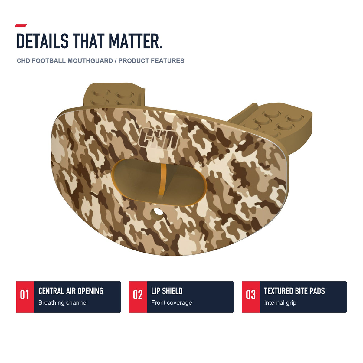 CHD Military Camo Design Football Mouthguard — angled structure details