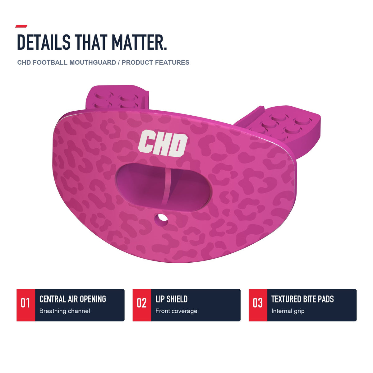 CHD Pink Leopard Design Football Mouthguard — angled structure details
