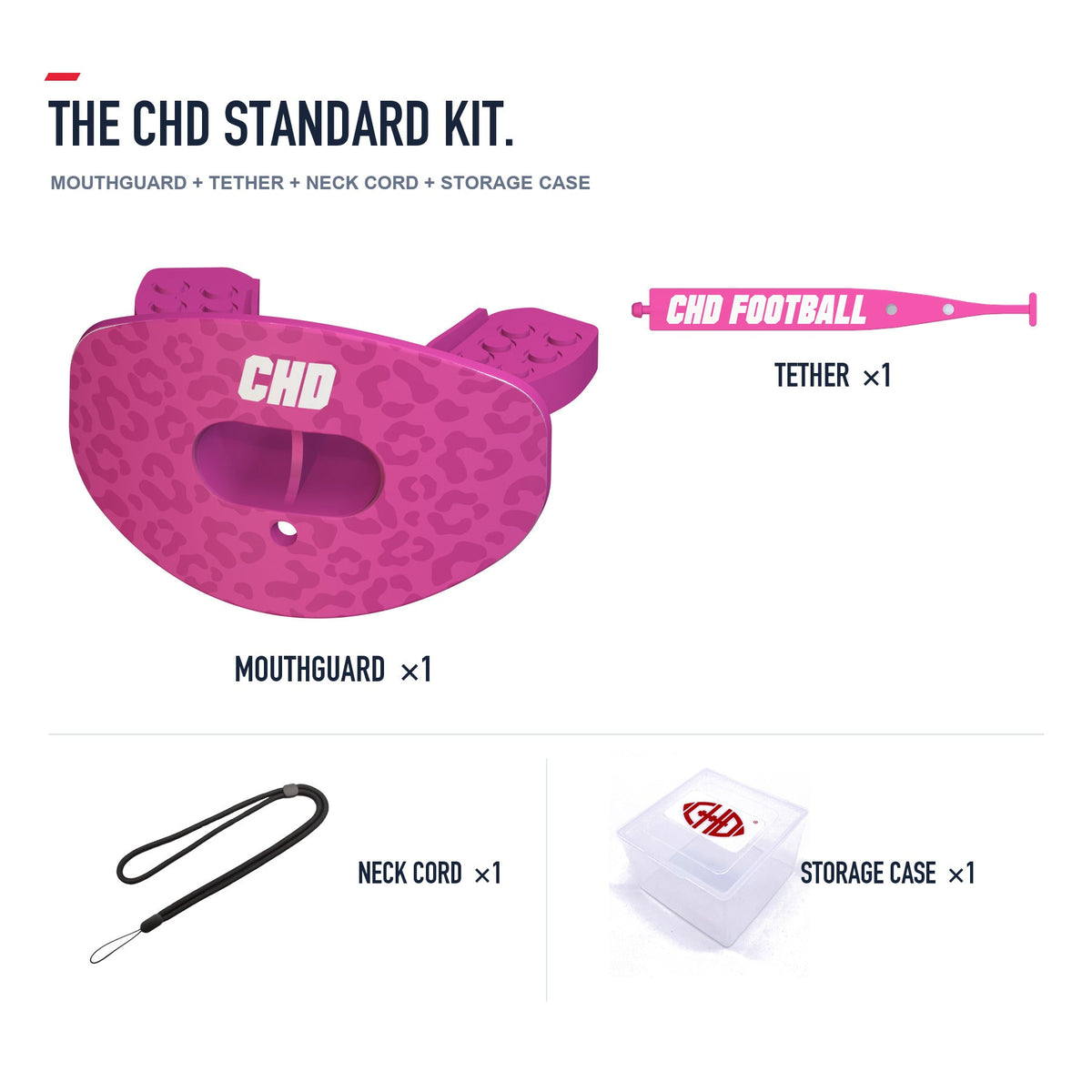 CHD Pink Leopard Design Football Mouthguard — standard kit with matching tether