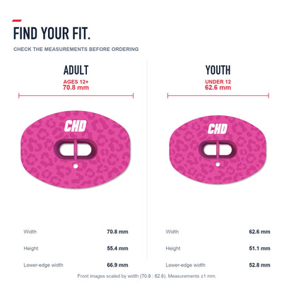 CHD Pink Leopard Design Football Mouthguard — size and fit guide