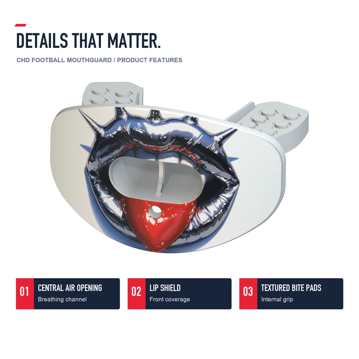 CHD Punk Red Tongue Design Football Mouthguard — angled structure details
