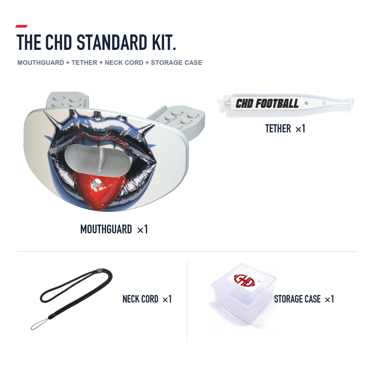 CHD Punk Red Tongue Design Football Mouthguard — standard kit with matching tether