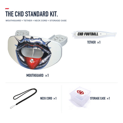 CHD Punk Red Tongue Design Football Mouthguard — standard kit with matching tether