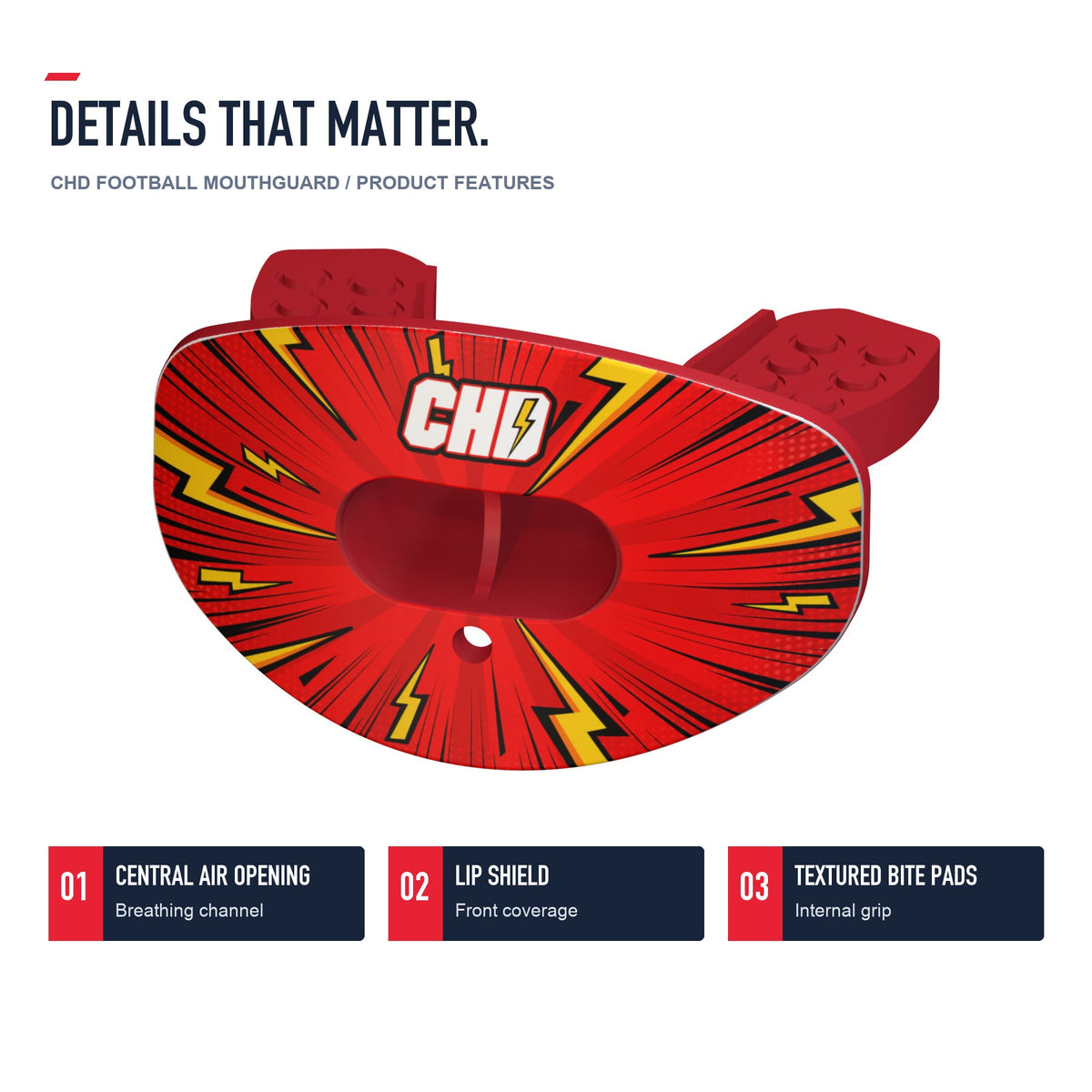 CHD Red Lightning Design Football Mouthguard — angled structure details
