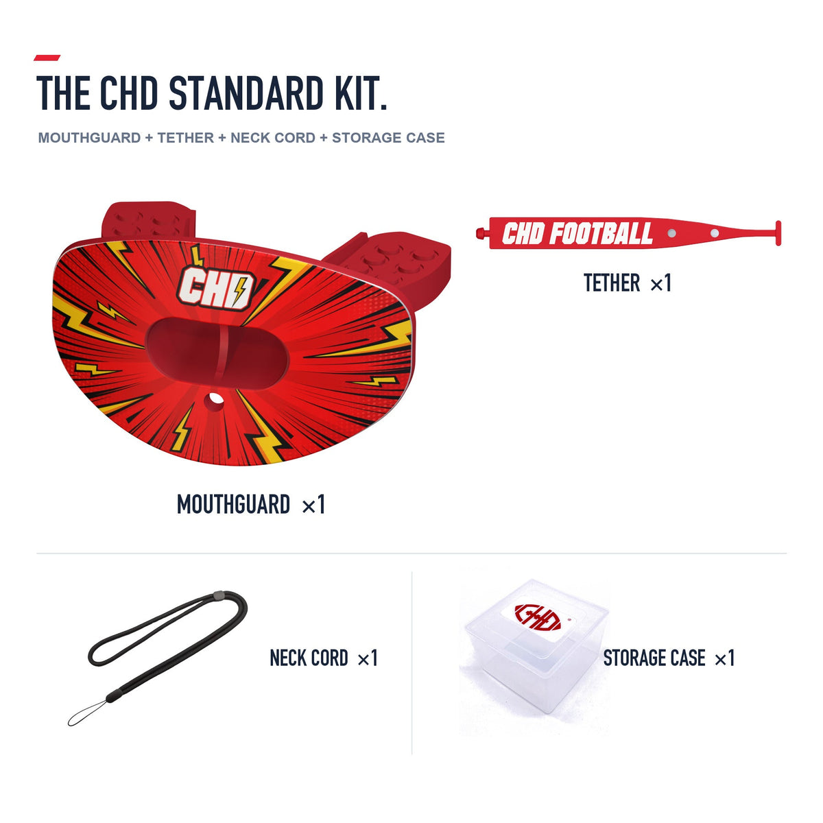 CHD Red Lightning Design Football Mouthguard — standard kit with matching tether