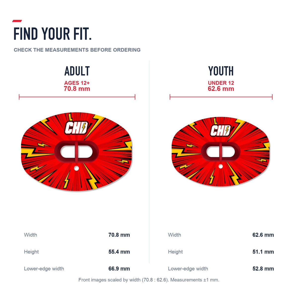 CHD Red Lightning Design Football Mouthguard — size and fit guide