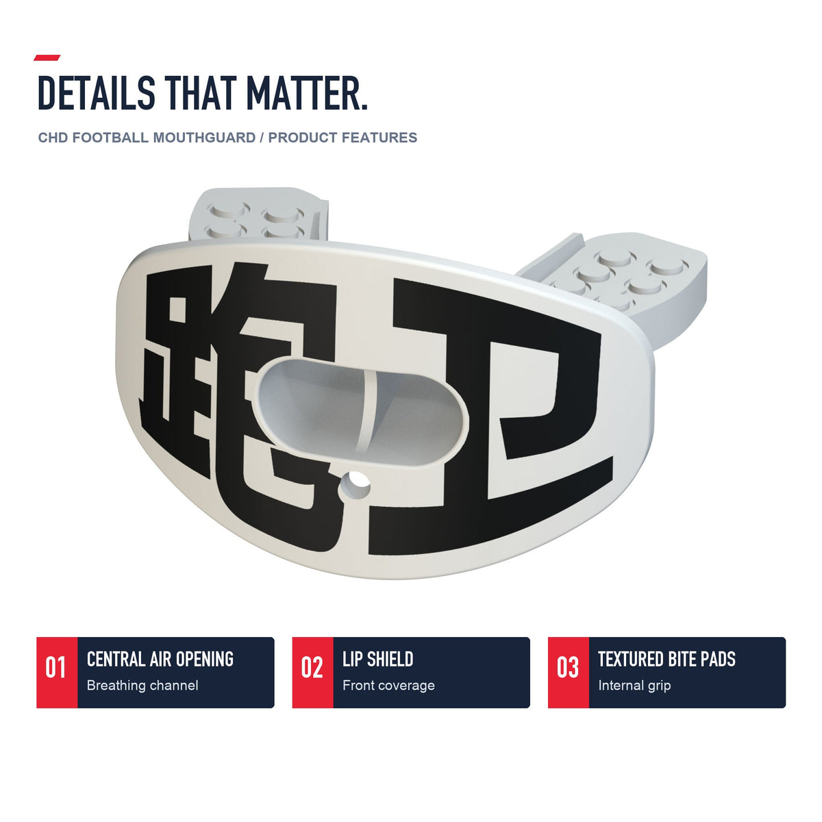 CHD Running Back - White Design Football Mouthguard — angled structure details
