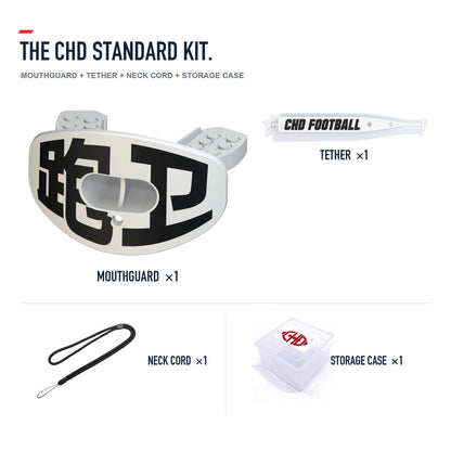 CHD Running Back - White Design Football Mouthguard — standard kit with matching tether