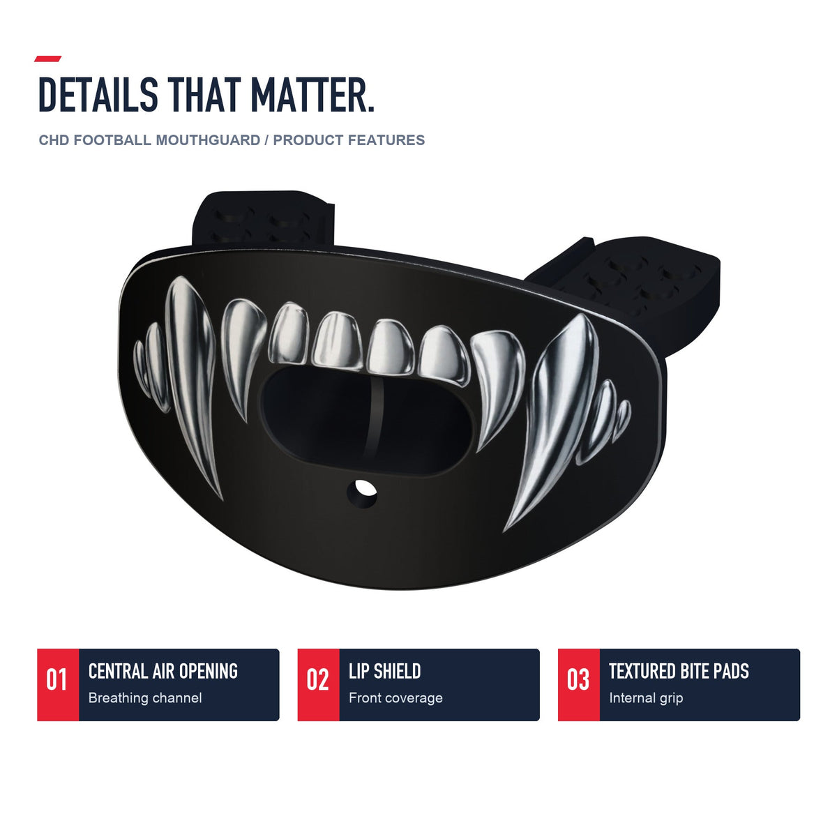 CHD Silver Fangs Design Football Mouthguard — angled structure details