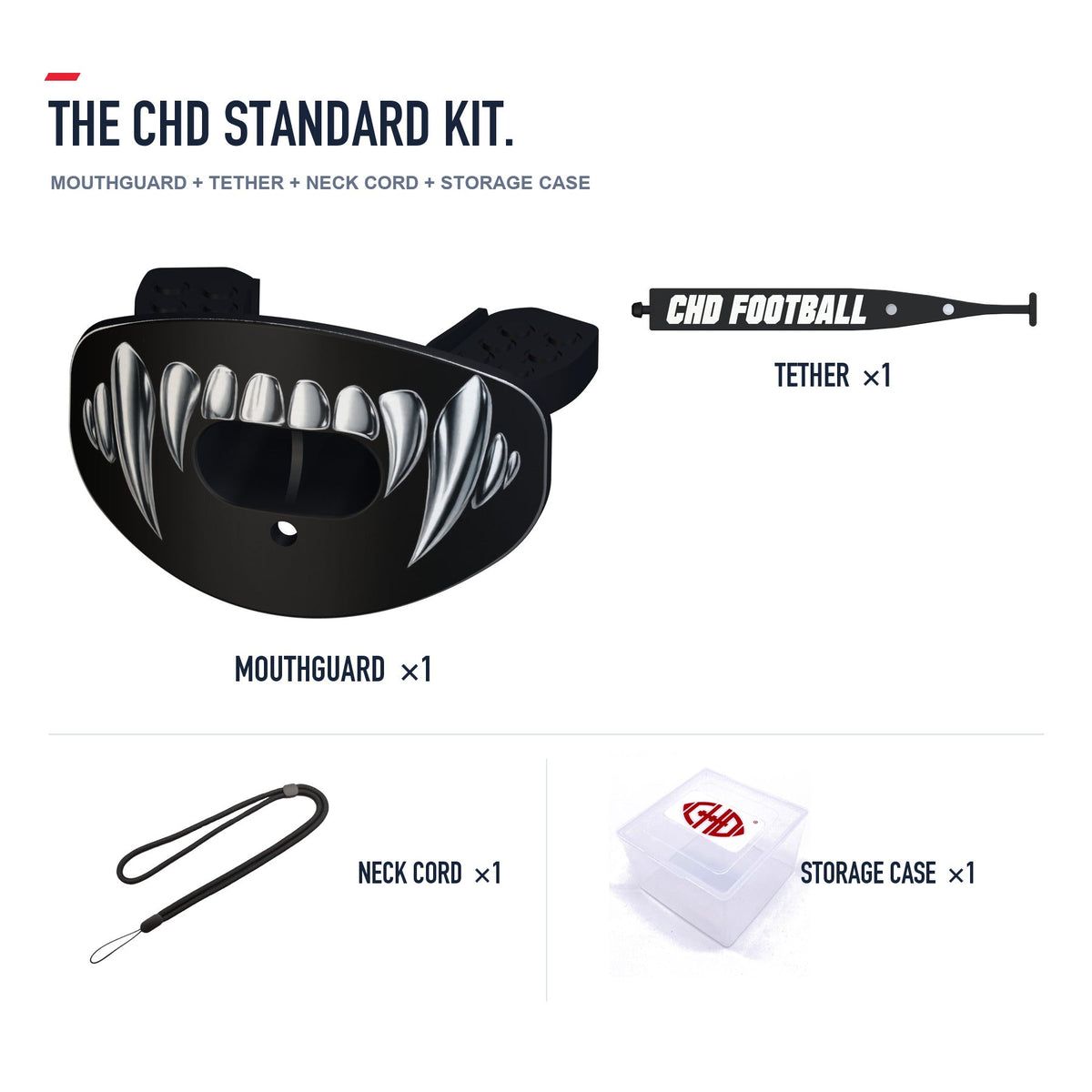 CHD Silver Fangs Design Football Mouthguard — standard kit with matching tether