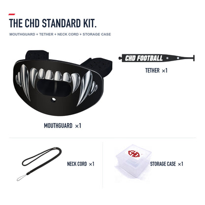CHD Silver Fangs Design Football Mouthguard — standard kit with matching tether