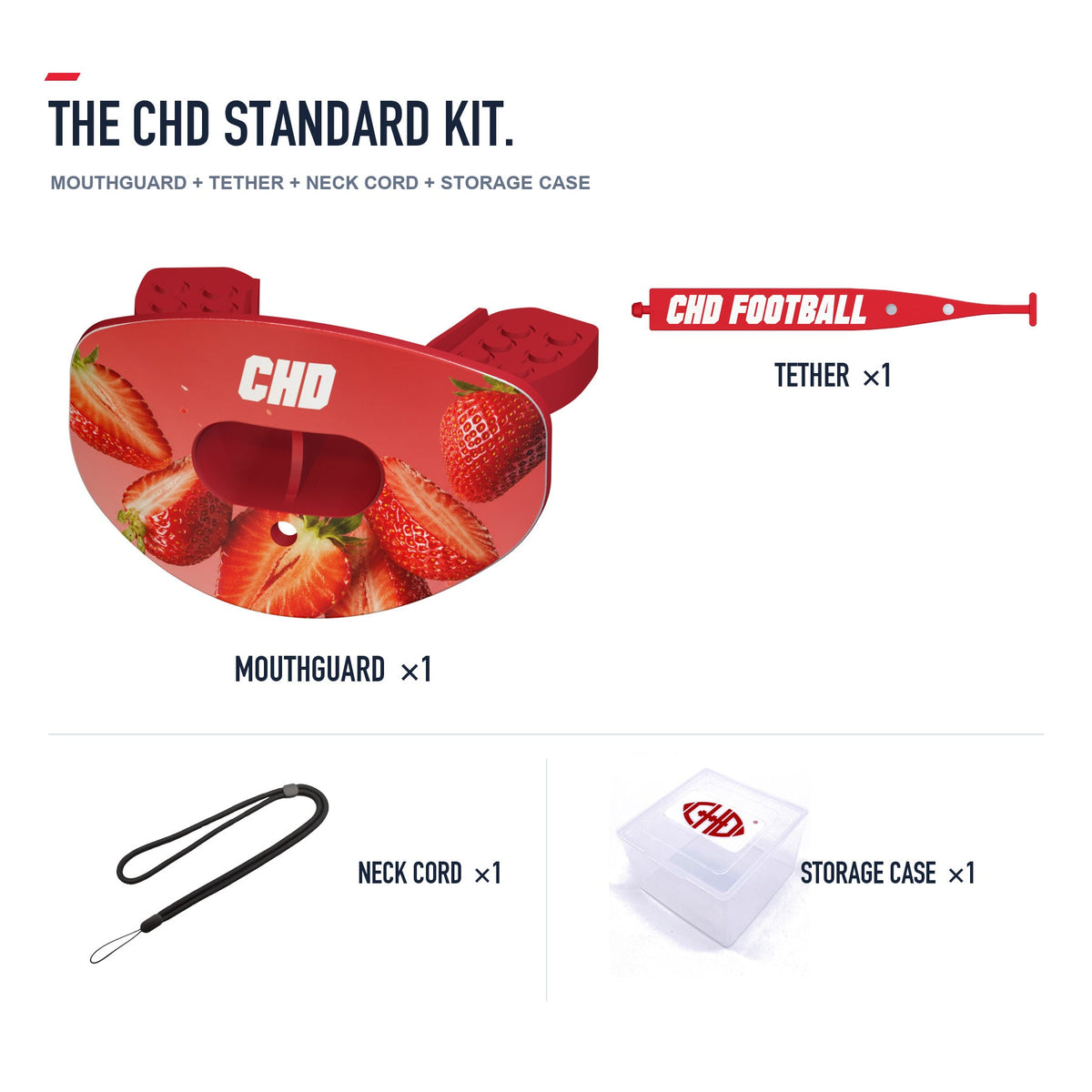 CHD Strawberry Party Design Football Mouthguard — standard kit with matching tether