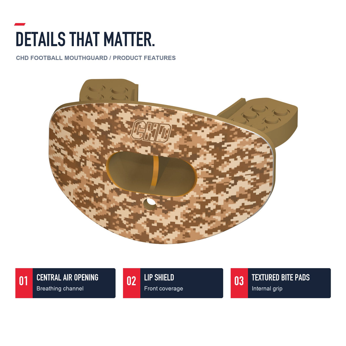 CHD Tactical Camo Design Football Mouthguard — angled structure details