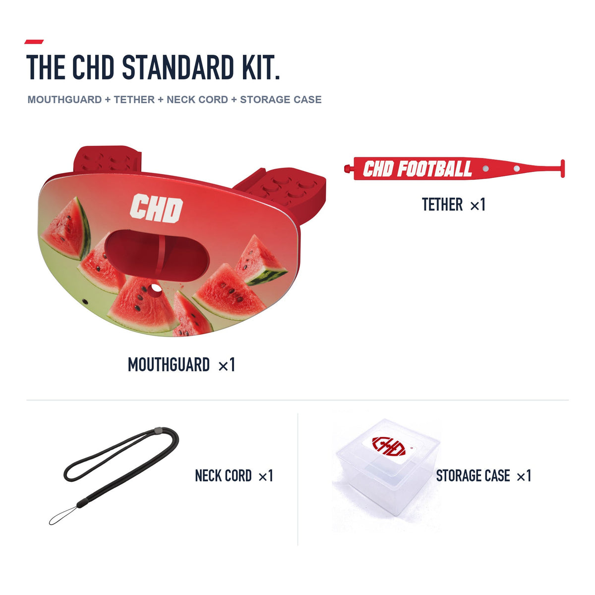 CHD Watermelon Party Design Football Mouthguard — standard kit with matching tether