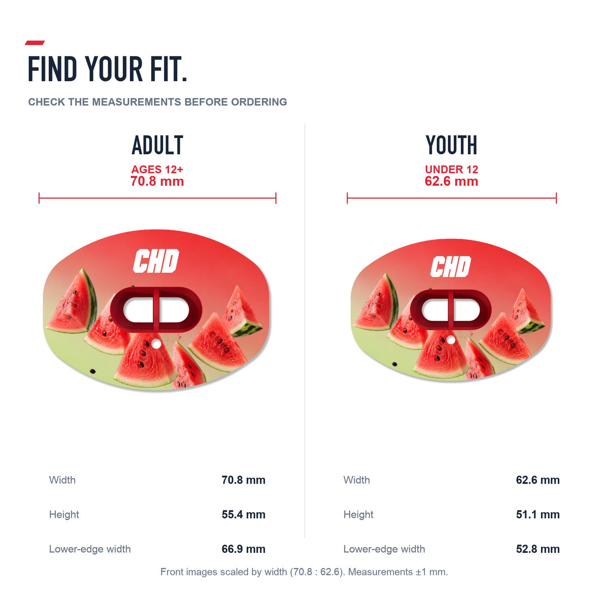 CHD Watermelon Party Design Football Mouthguard — size and fit guide