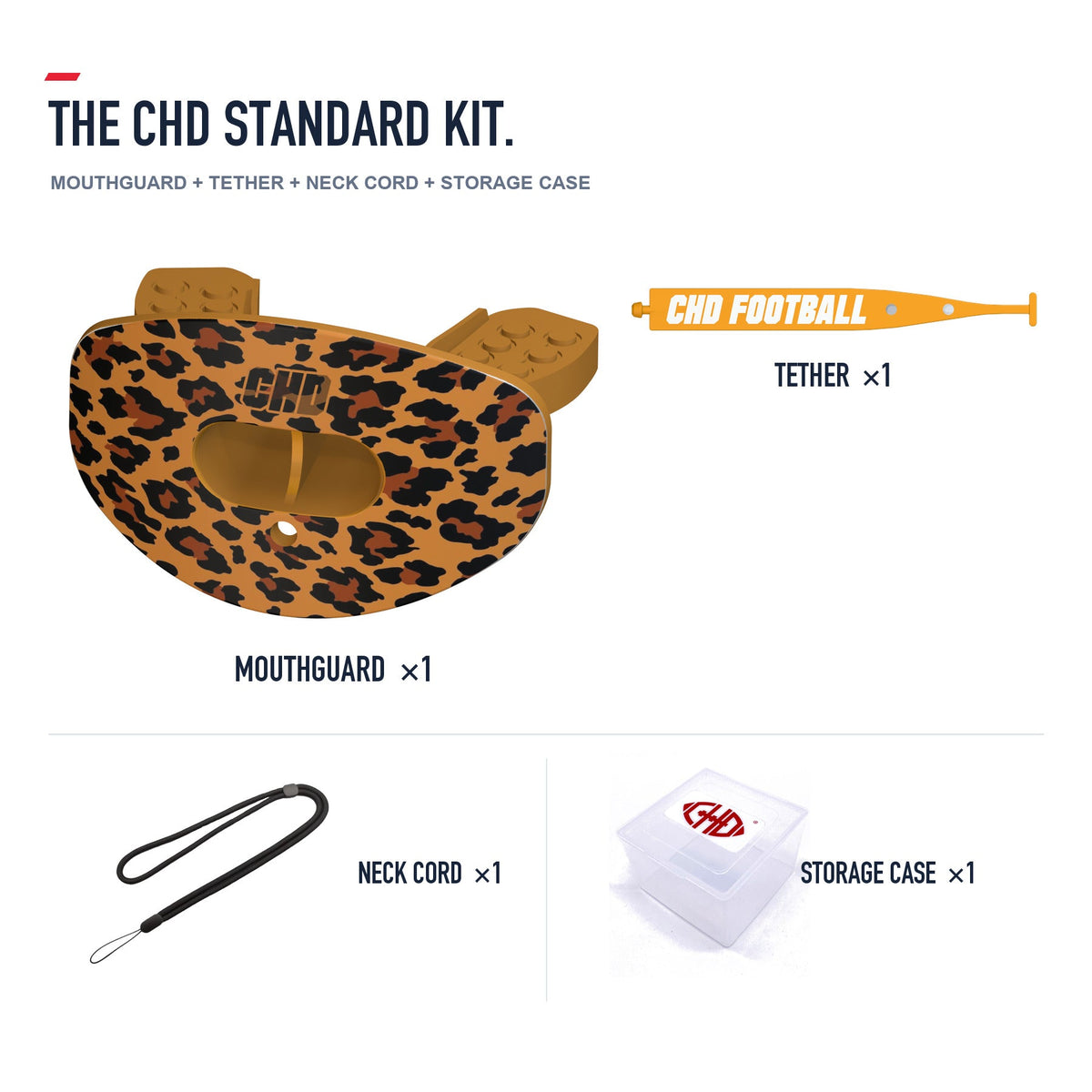 CHD Wild Leopard Design Football Mouthguard — standard kit with matching tether