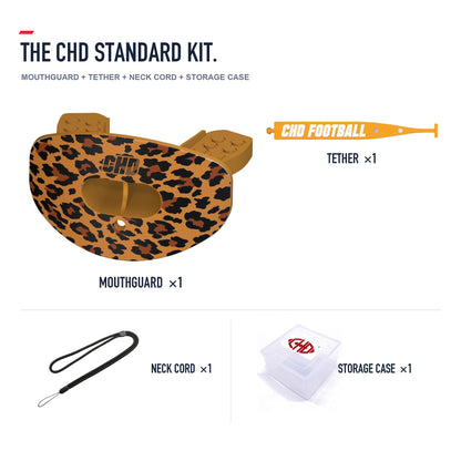 CHD Wild Leopard Design Football Mouthguard — standard kit with matching tether