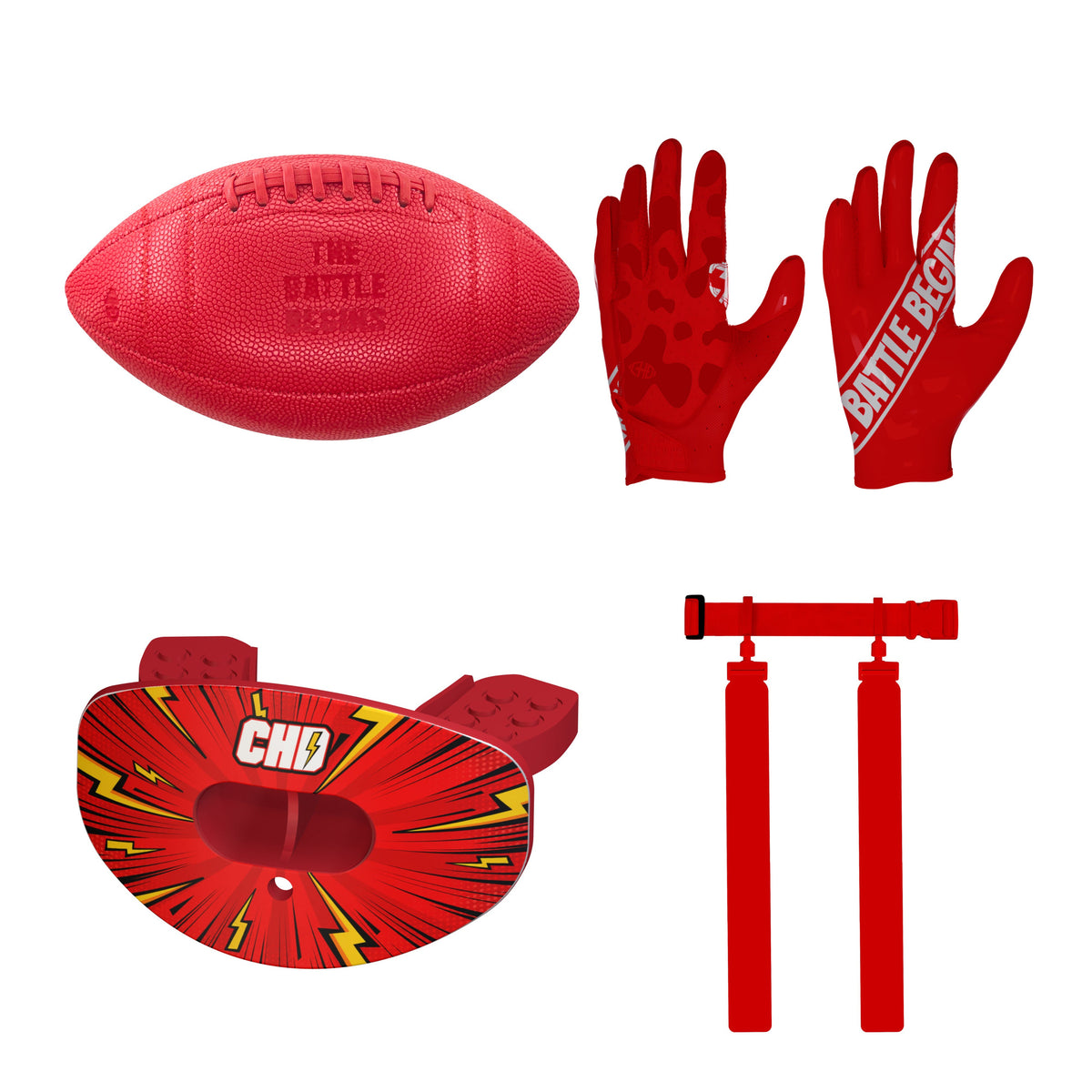 CHD Flag Kit Red: one red football, one pair of G1 Red gloves, one Red Lightning mouthguard and one Solid Red flag belt set, shown together on white