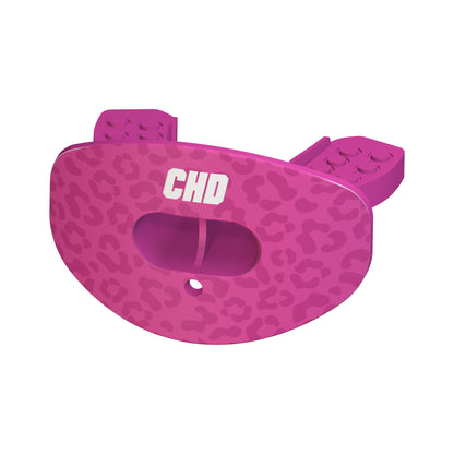 CHD Pink Leopard mouthguard — angled view
