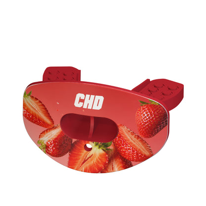 CHD Strawberry Party mouthguard — angled view