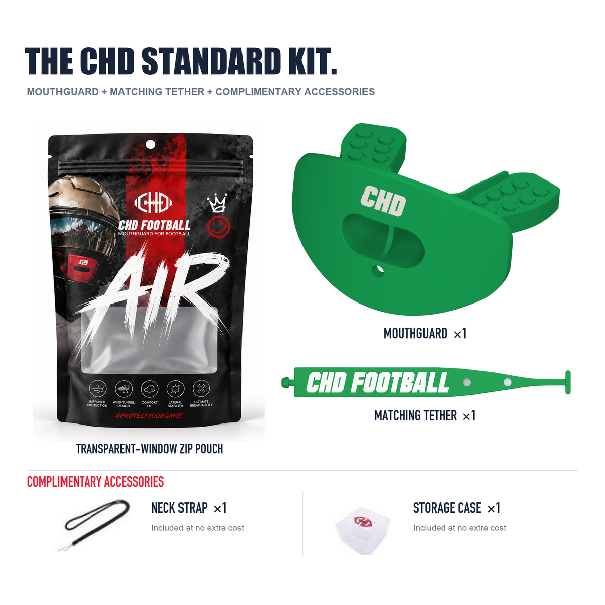 CHD AIR 2.0 green football mouthguard kit detail