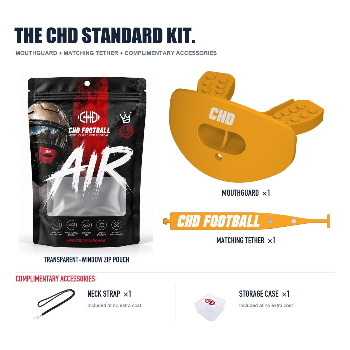 CHD AIR 2.0 orange football mouthguard kit detail