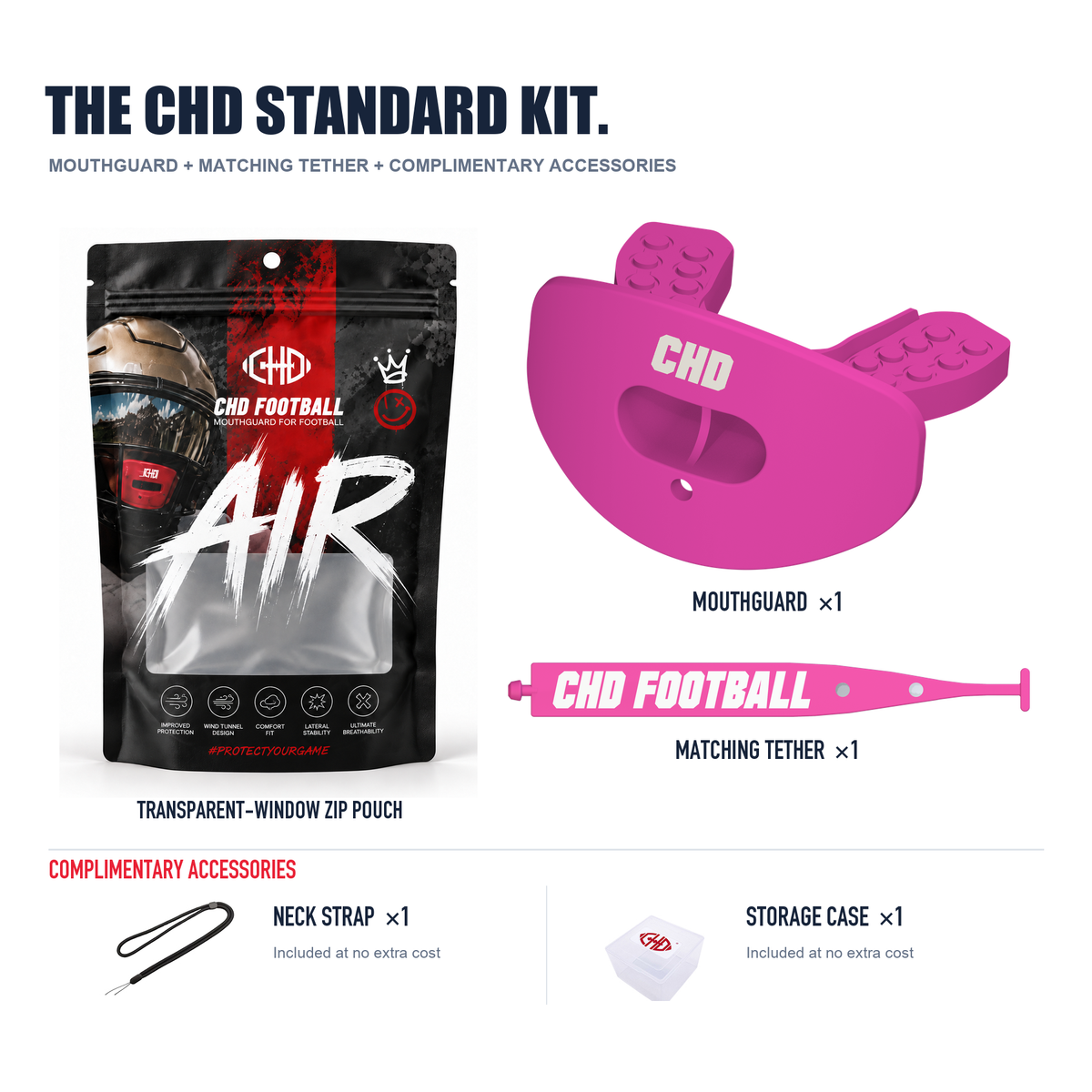 CHD AIR 2.0 pink football mouthguard kit detail