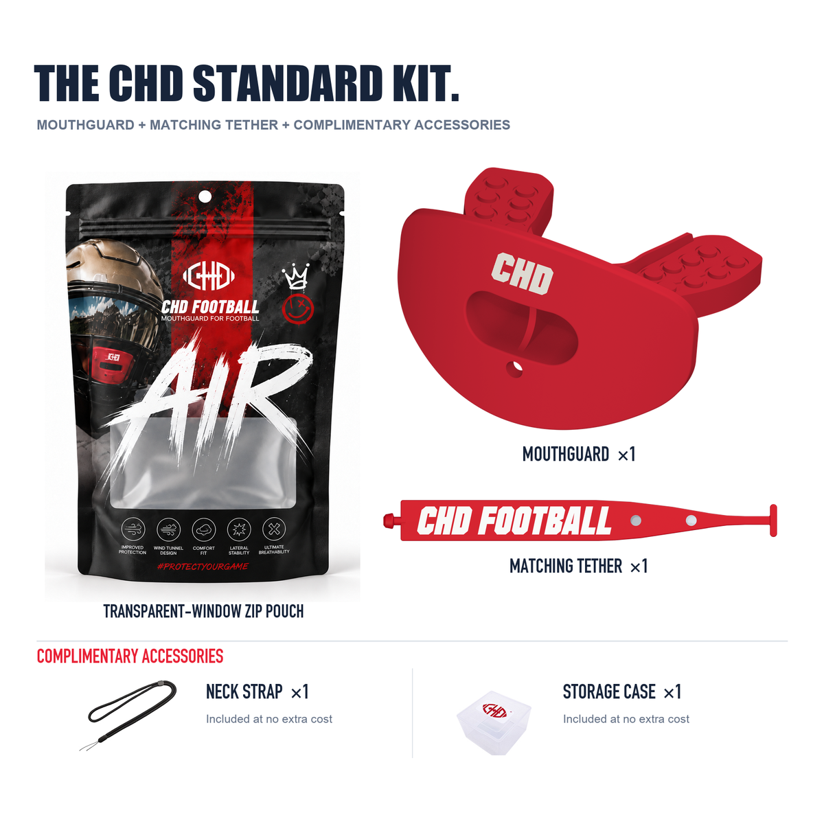 CHD AIR 2.0 red football mouthguard kit detail