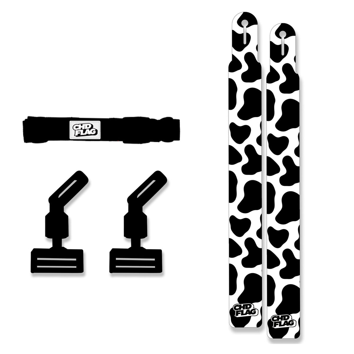 CHD Black-and-White Cow Print Adult design flag belt set on a clean square white background