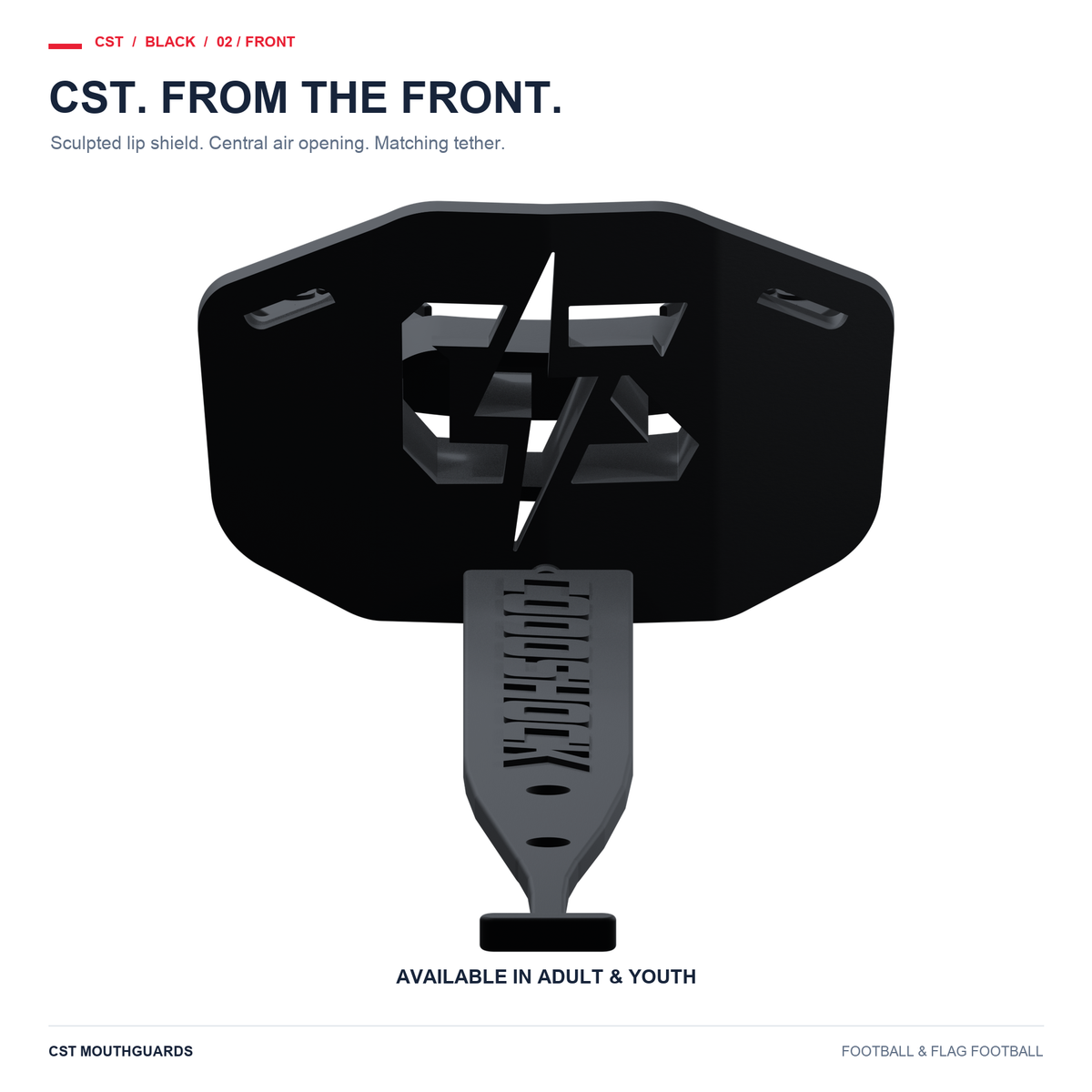 CST black football mouthguard front view with matching tether. Adult and Youth sizes available.