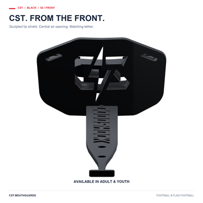 CST black football mouthguard front view with matching tether. Adult and Youth sizes available.