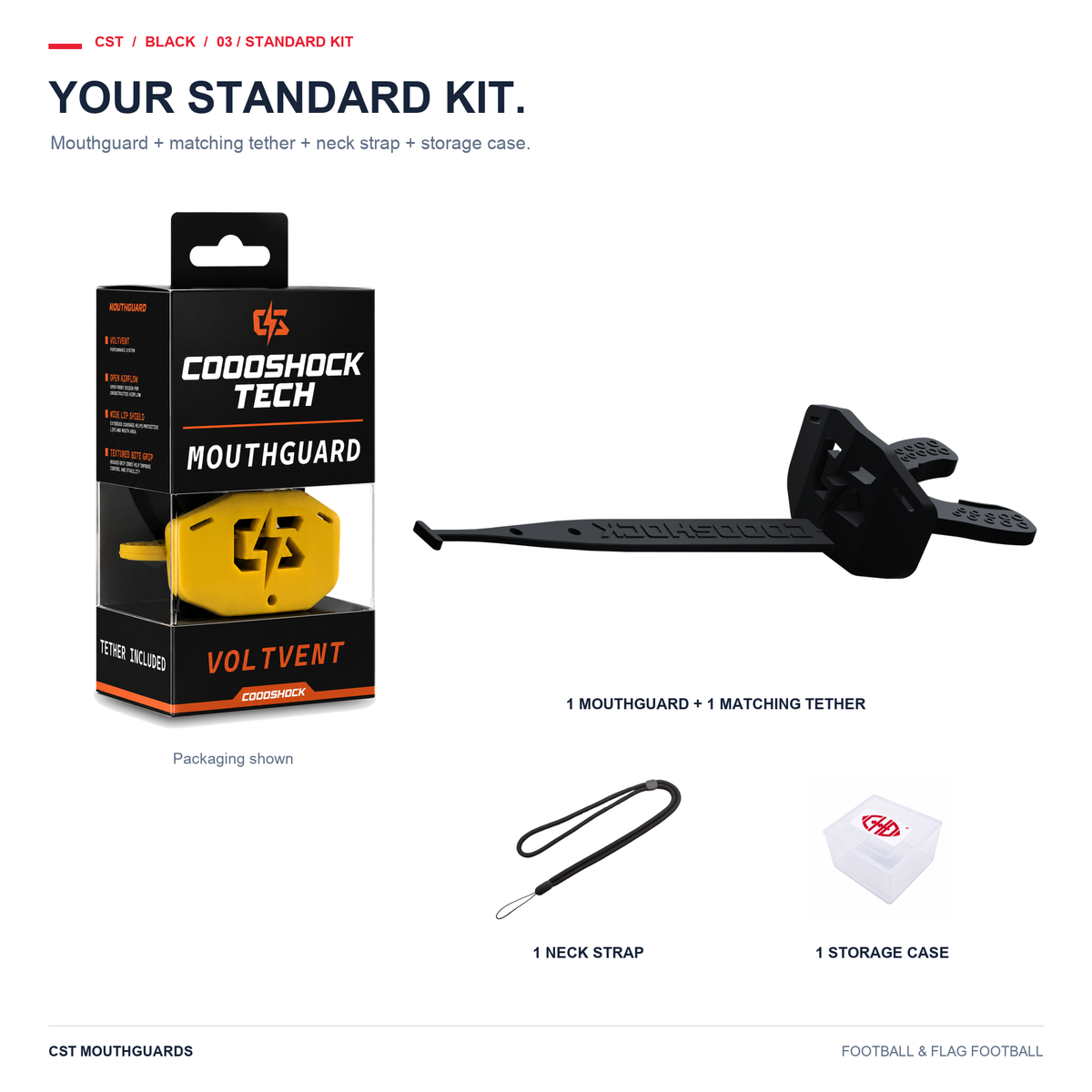 CST black Standard Kit: one mouthguard, matching tether, neck strap and storage case. Packaging shown.