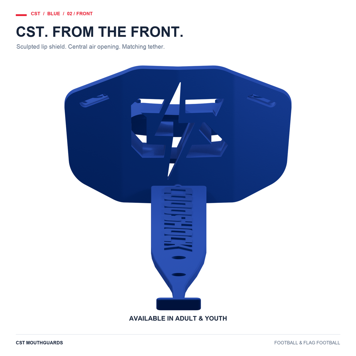 CST blue football mouthguard front view with matching tether. Adult and Youth sizes available.