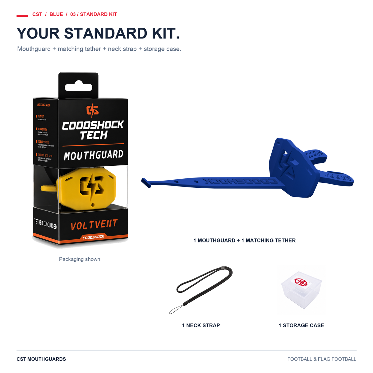 CST blue Standard Kit: one mouthguard, matching tether, neck strap and storage case. Packaging shown.