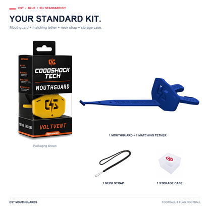 CST blue Standard Kit: one mouthguard, matching tether, neck strap and storage case. Packaging shown.