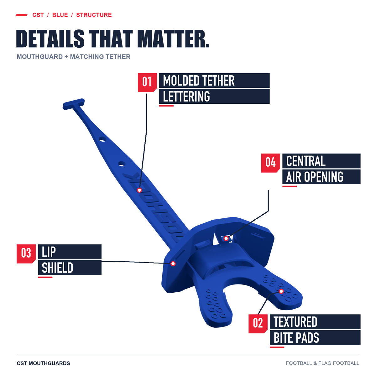 CST blue mouthguard with matching tether: molded lettering, textured bite pads, lip shield and central air opening.