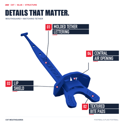 CST blue mouthguard with matching tether: molded lettering, textured bite pads, lip shield and central air opening.