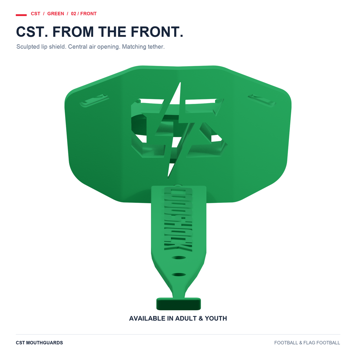 CST green football mouthguard front view with matching tether. Adult and Youth sizes available.