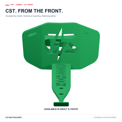 CST green football mouthguard front view with matching tether. Adult and Youth sizes available.