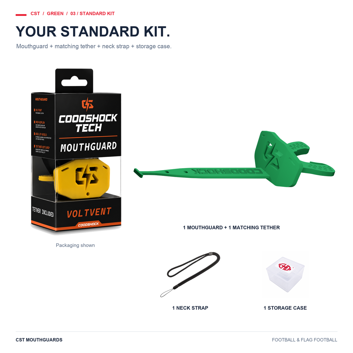 CST green Standard Kit: one mouthguard, matching tether, neck strap and storage case. Packaging shown.