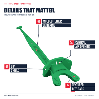 CST green mouthguard with matching tether: molded lettering, textured bite pads, lip shield and central air opening.