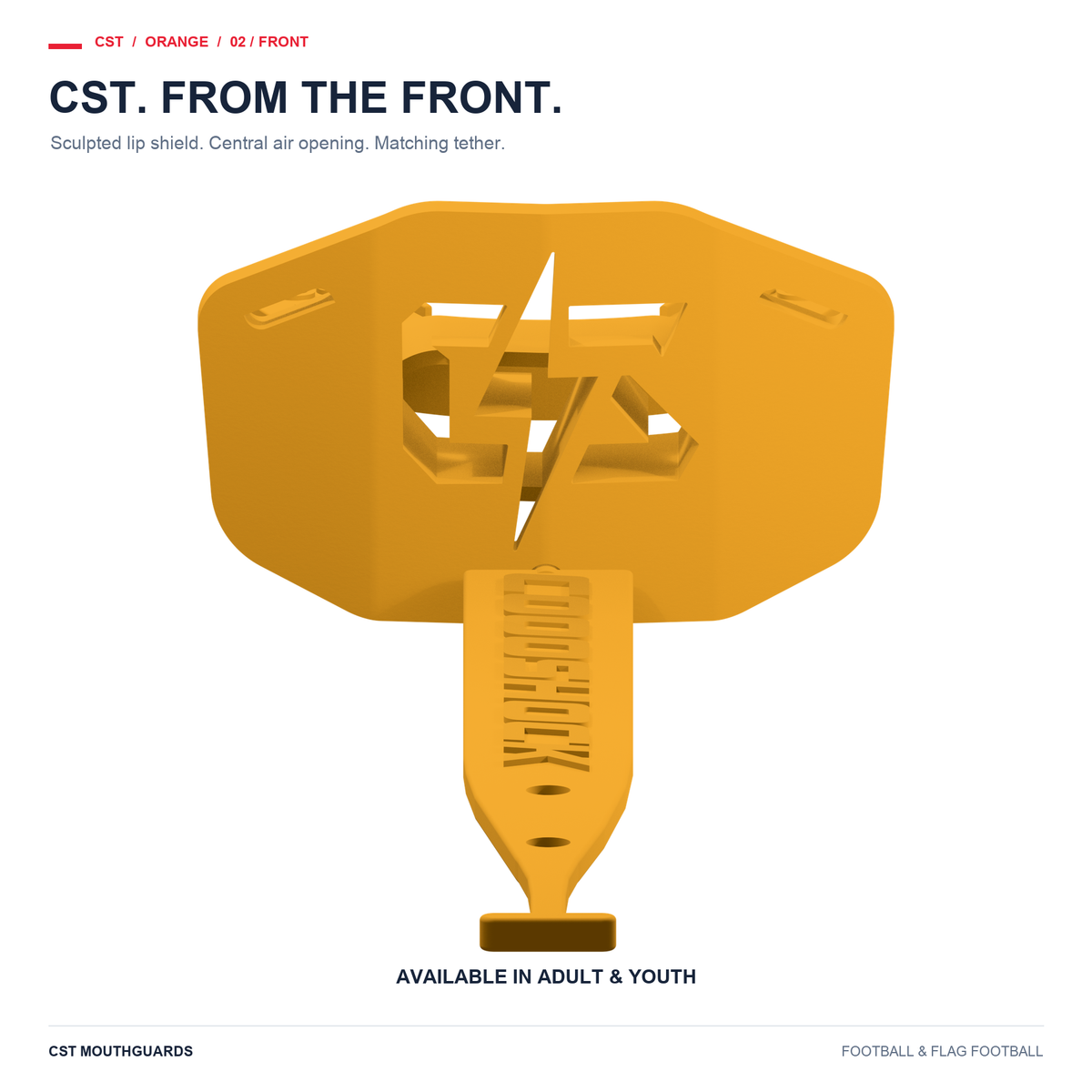 CST orange football mouthguard front view with matching tether. Adult and Youth sizes available.