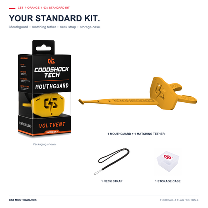 CST orange Standard Kit: one mouthguard, matching tether, neck strap and storage case. Packaging shown.