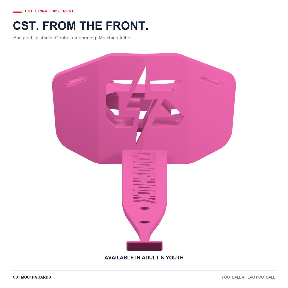 CST pink football mouthguard front view with matching tether. Adult and Youth sizes available.
