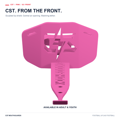 CST pink football mouthguard front view with matching tether. Adult and Youth sizes available.